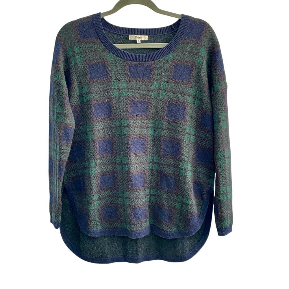 Madewell Mohair Alpaca Wool Blend Tartan Plaid Sweater Green Navy Small - Picture 2 of 12